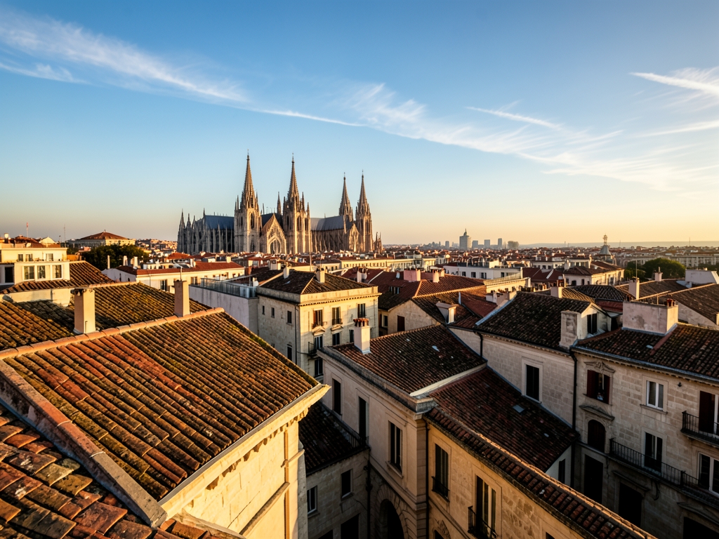 Golden hour view over Madrid historic stone rooftops