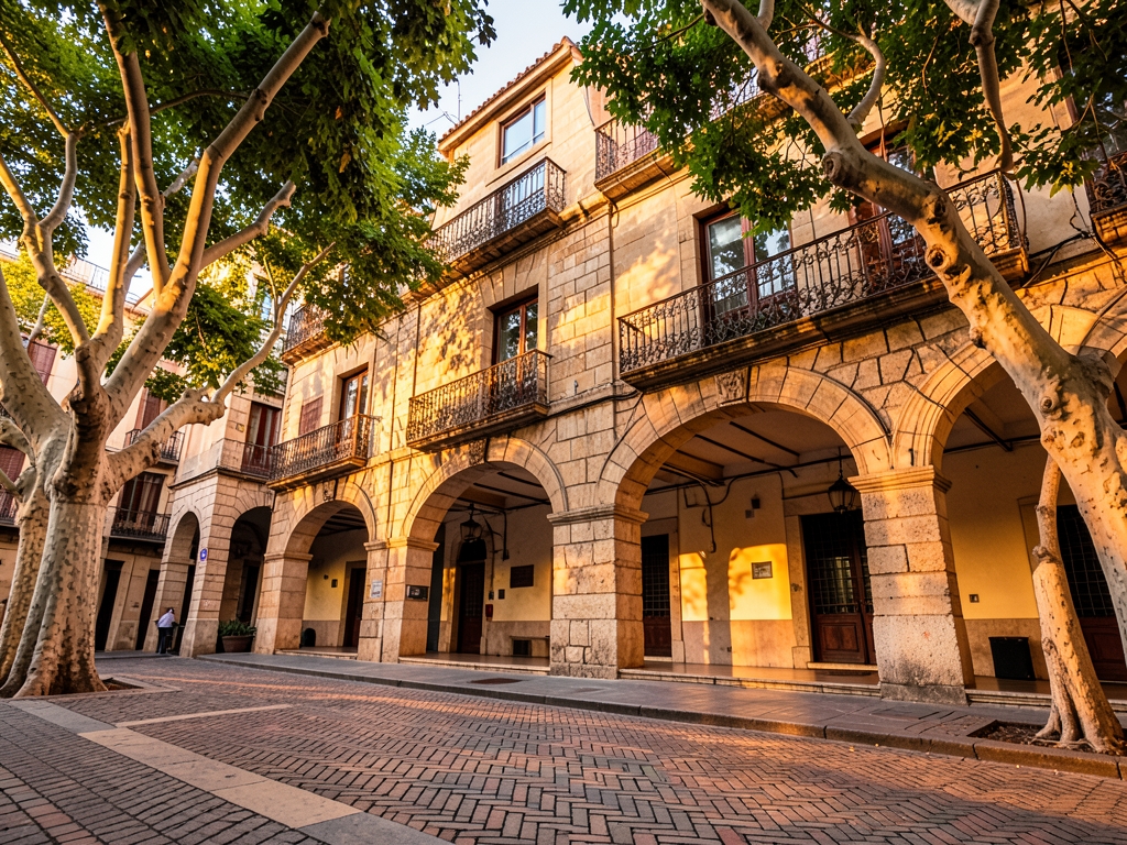 Sun drenched stone arches wrought iron balconies historic Madrid plaza