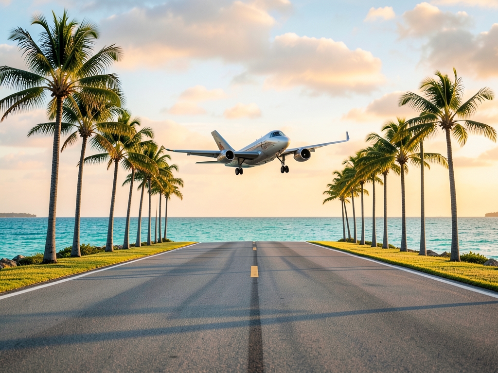 golden hour Florida coastal runway with palm trees turquoise