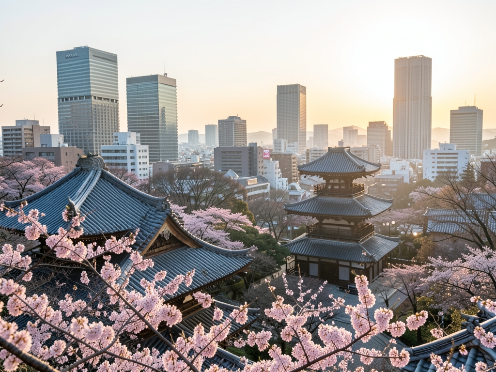 Tranquil Tokyo cityscape dawn blending wooden temple rooftops
