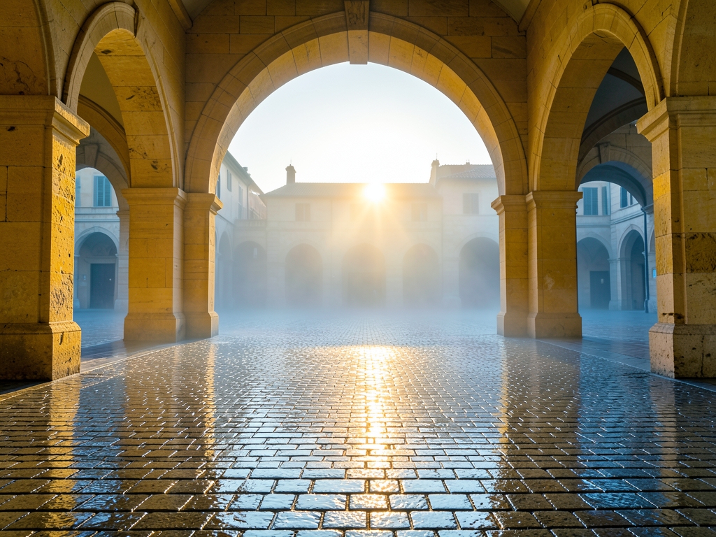 Quiet European arrival plaza dawn honey colored stone arches
