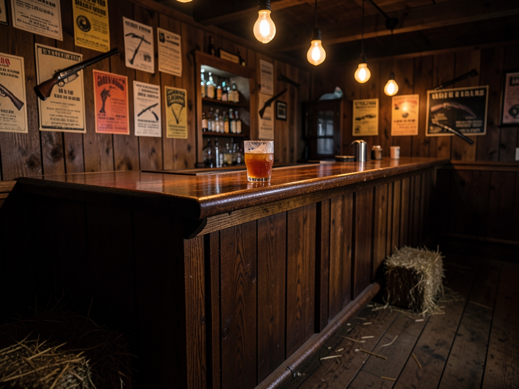 Rustic wooden saloon interior amber lamplight polished bar