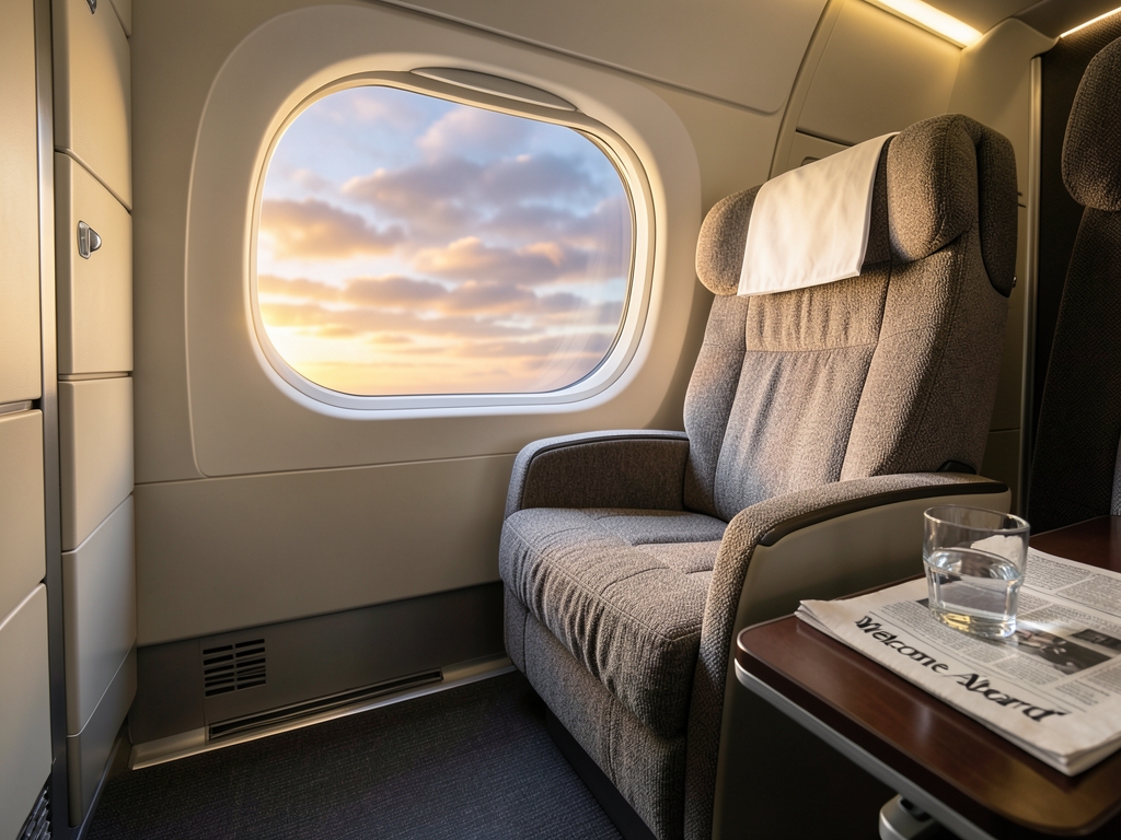 Aircraft cabin aisle leading toward plush wide seat