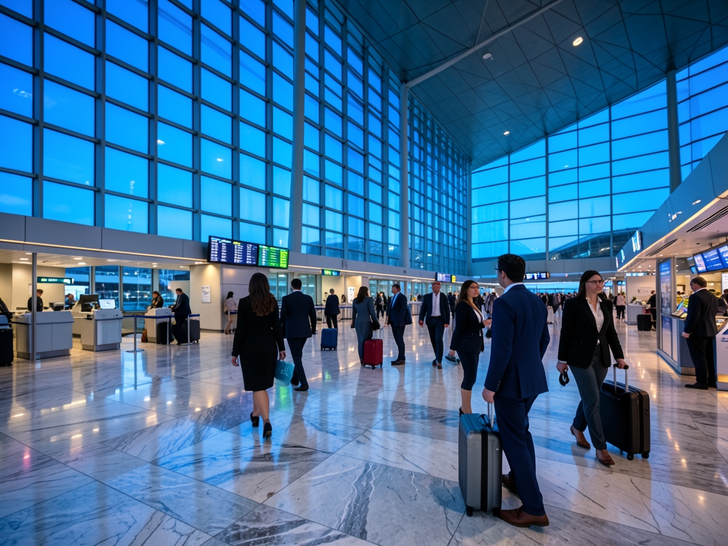 vast airport terminal dusk with towering glass ceilings