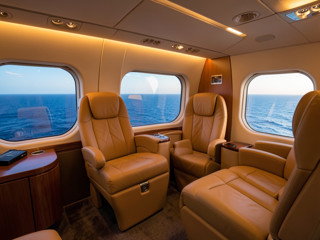 Premium aircraft cabin with lie flat seats warm amber