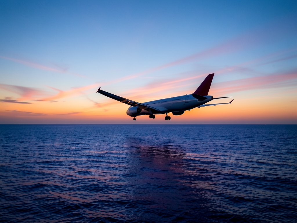commercial aircraft glides over deep blue Atlantic waters