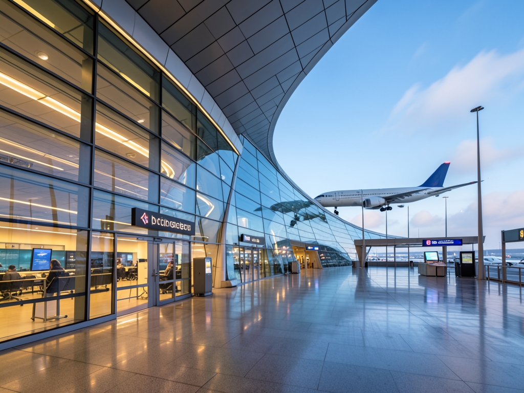 Futuristic airport terminal with sweeping glass architecture soft