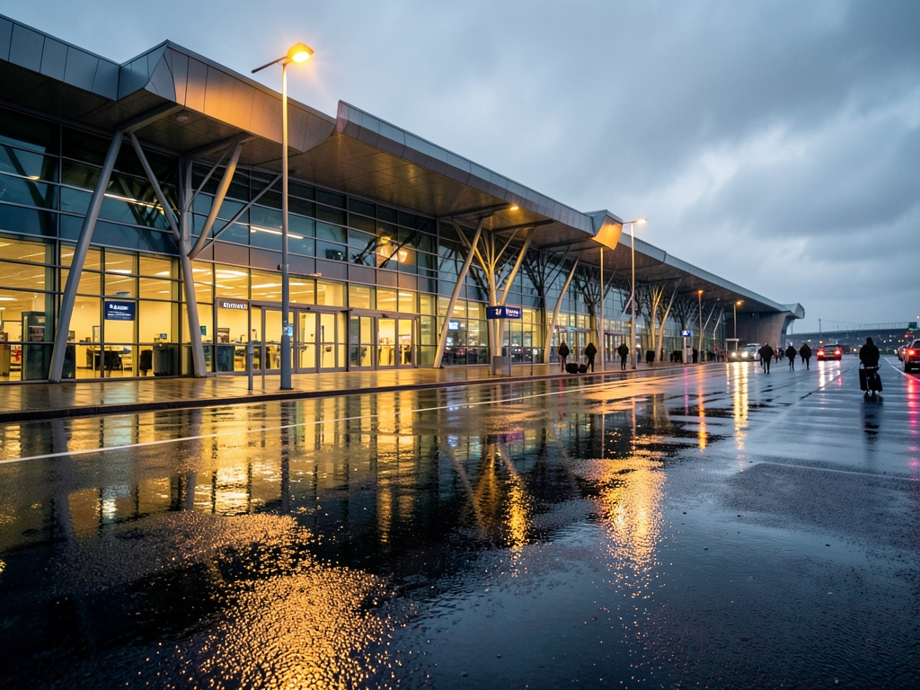 rain slicked London tarmac dusk asphalt reflecting warm terminal