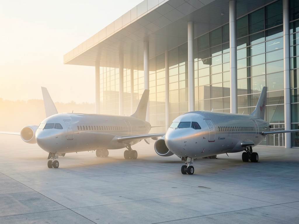 sleek aircraft fuselages resting beneath modern glass and steel terminal