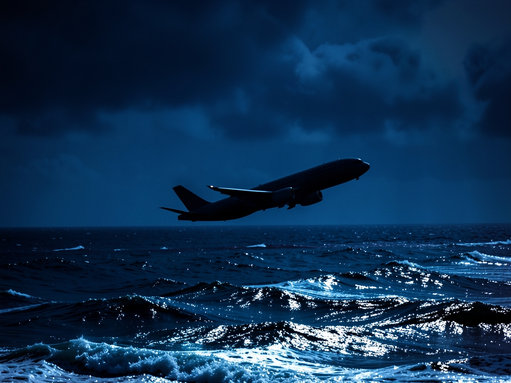 lone plane silhouette crossing dark churning Atlantic ocean