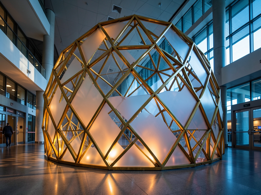 Abstract geometric lattice polished brass frosted glass interlocks