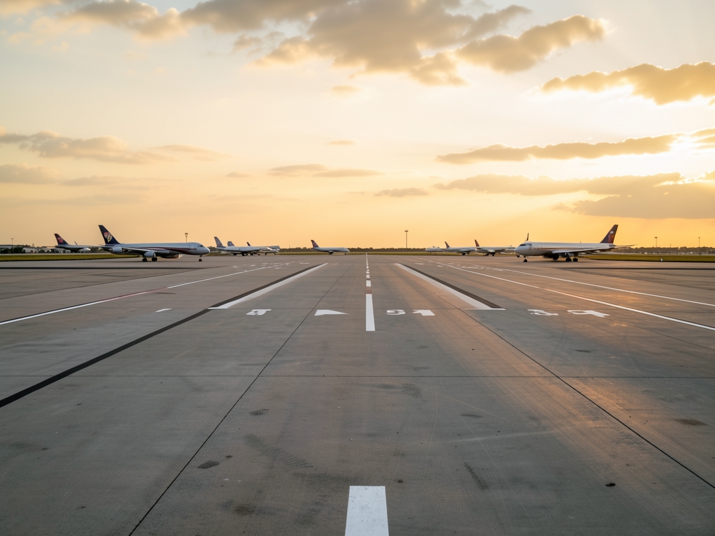 Wide parallel taxiways cross concrete apron beneath soft