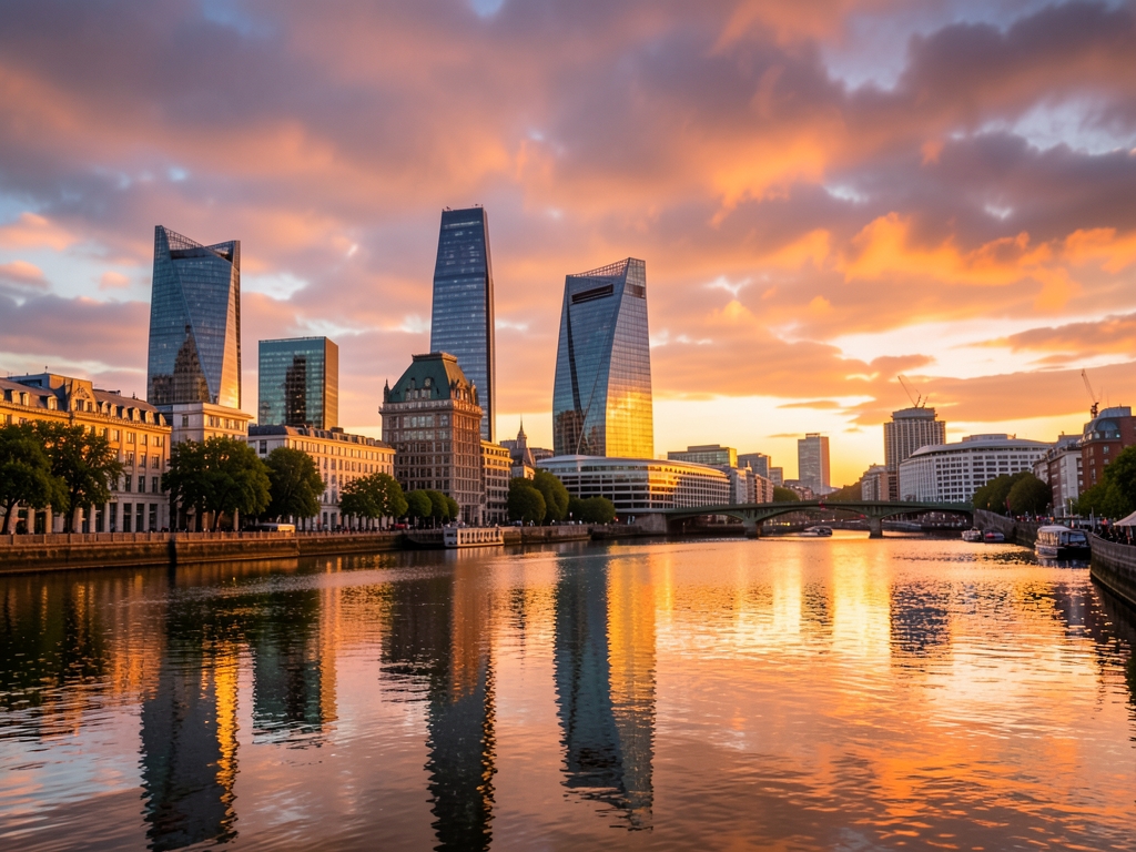 London skyline golden hour Thames reflections glass towers