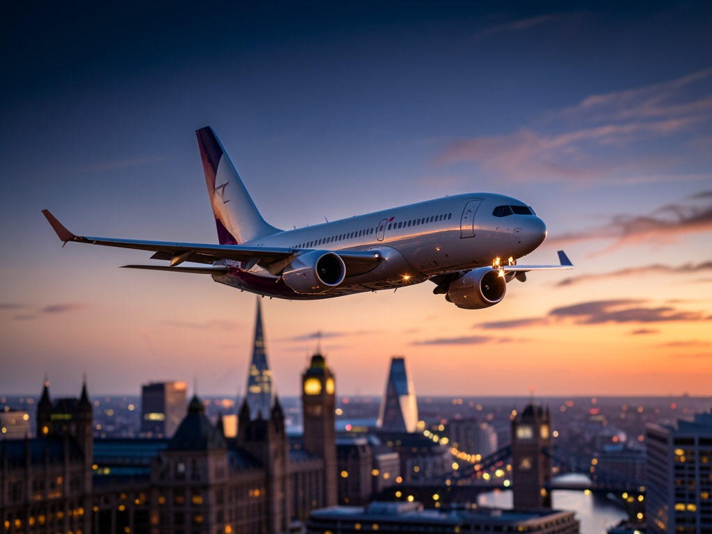 commercial glides silently over London skyline dusk reflecting