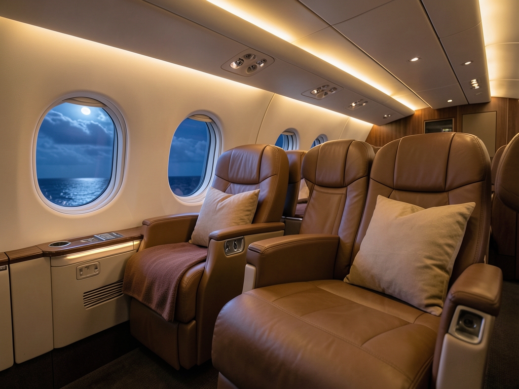 Wide body airplane business cabin interior night reclining seats
