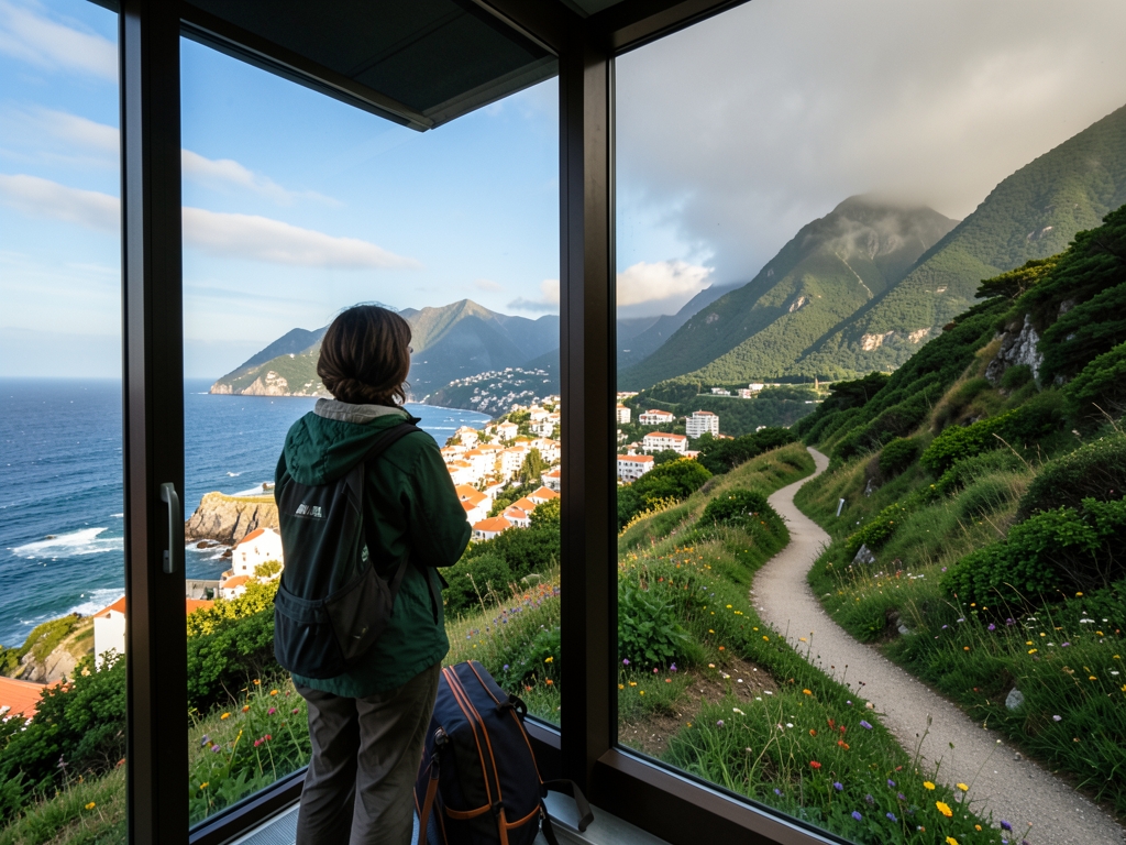 traveler seen from behind overlooking dramatic coastline from