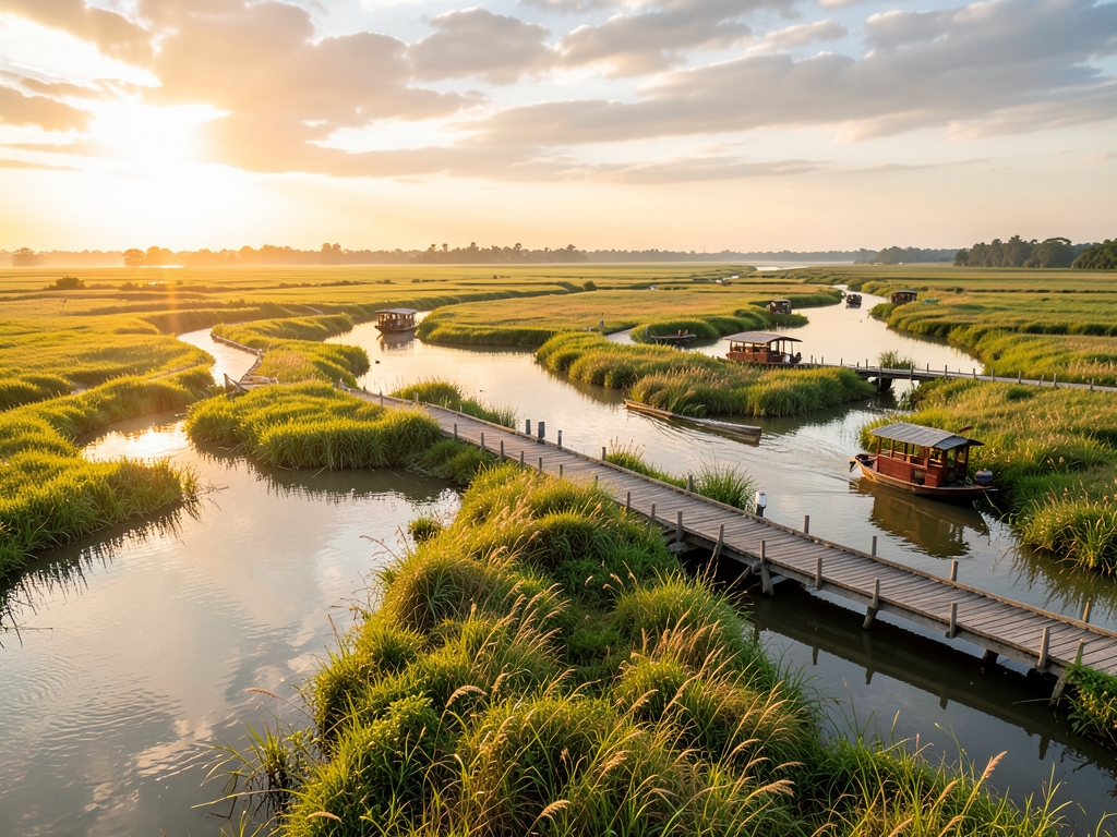 Golden hour river delta with winding channels bridges small