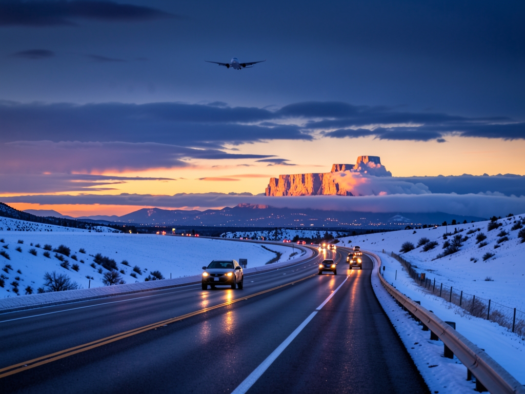 snowy Colorado highway curving toward Denver skyline dusk