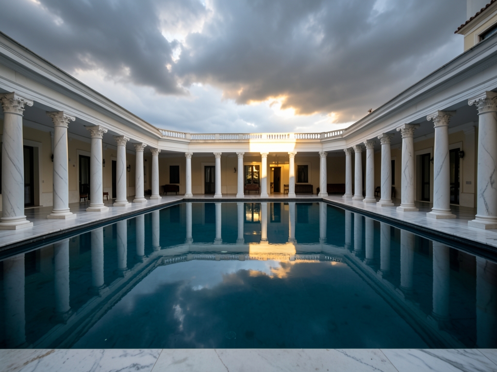 serene interior courtyard with vast mirror like reflecting pool