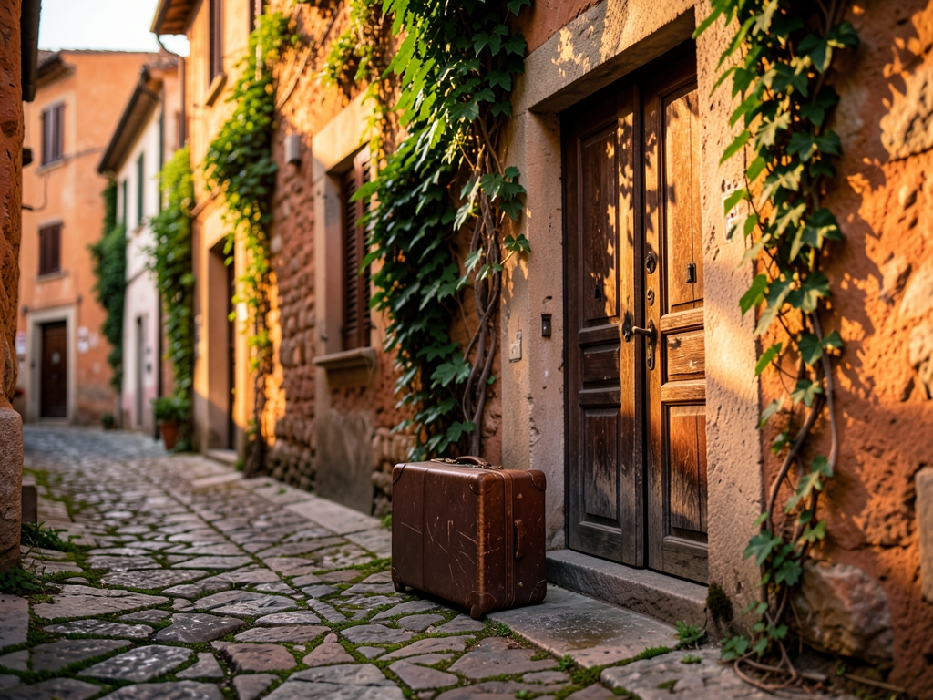 quiet cobblestone alley historic Mediterranean town golden hour