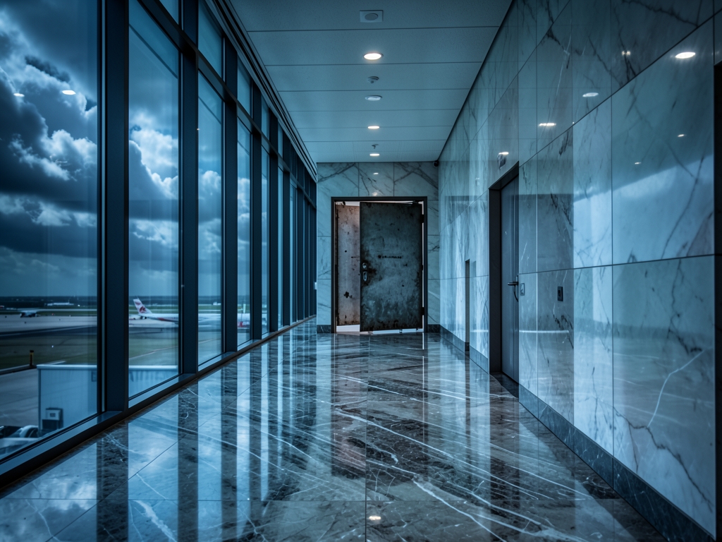 long polished marble corridor modern airport terminal large