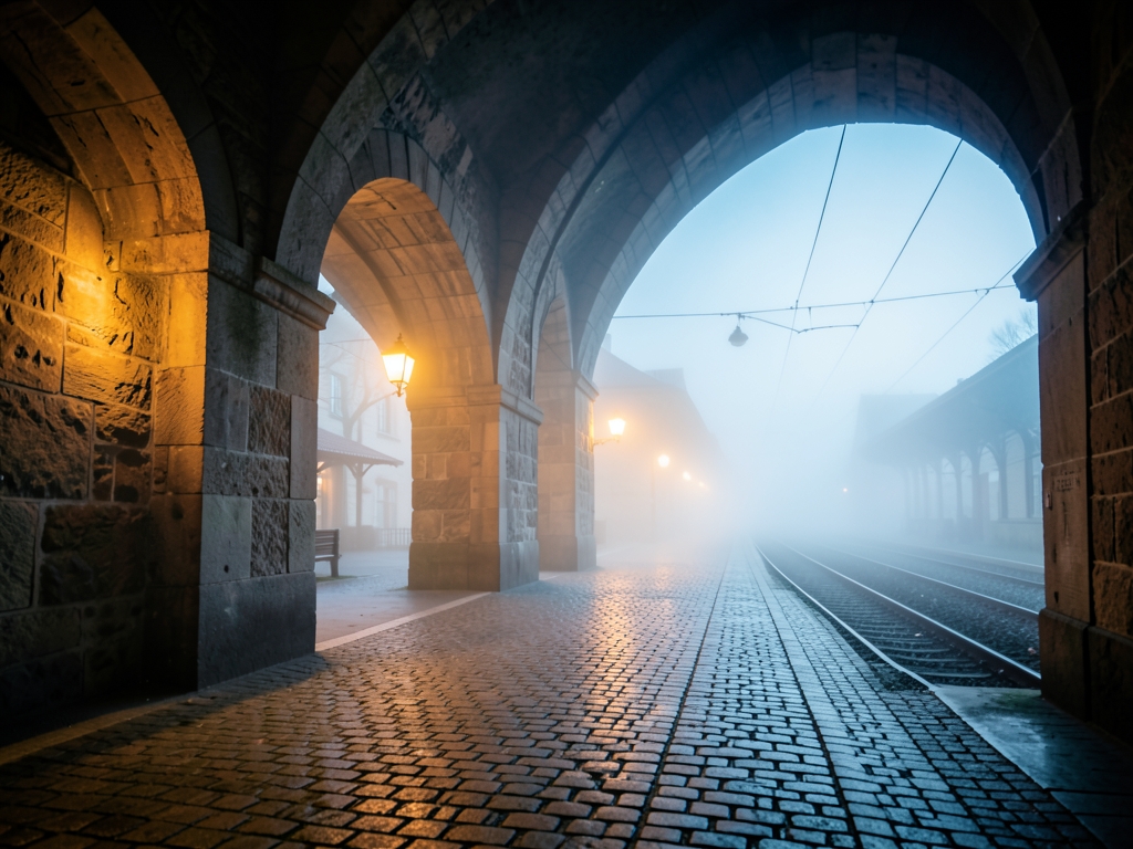 quiet European countryside train station dawn mist rising