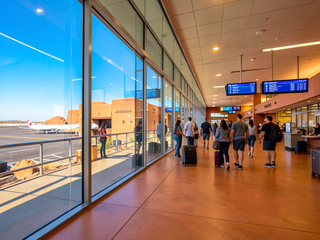 sleek Albuquerque airport departure corridor framed glass warm