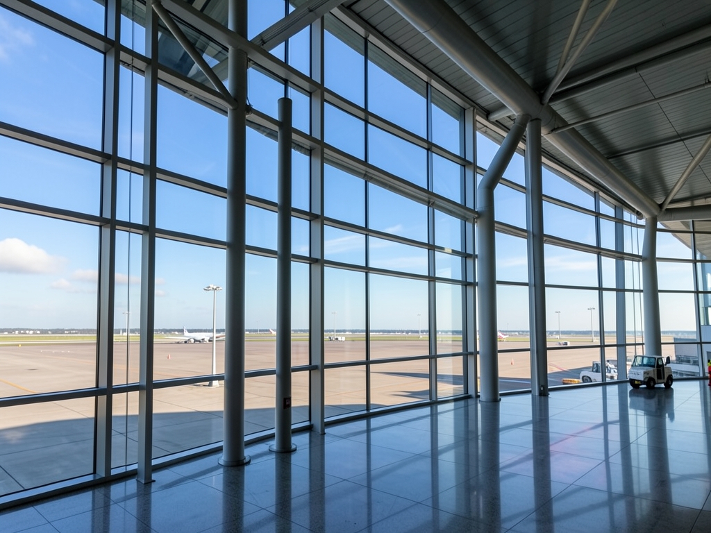 Spacious modern airport terminal with glass walls steel