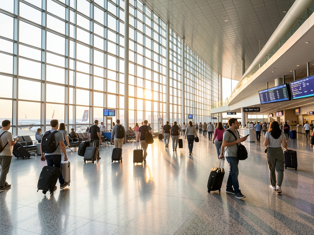 Wide airport terminal concourse dawn glass walls polished