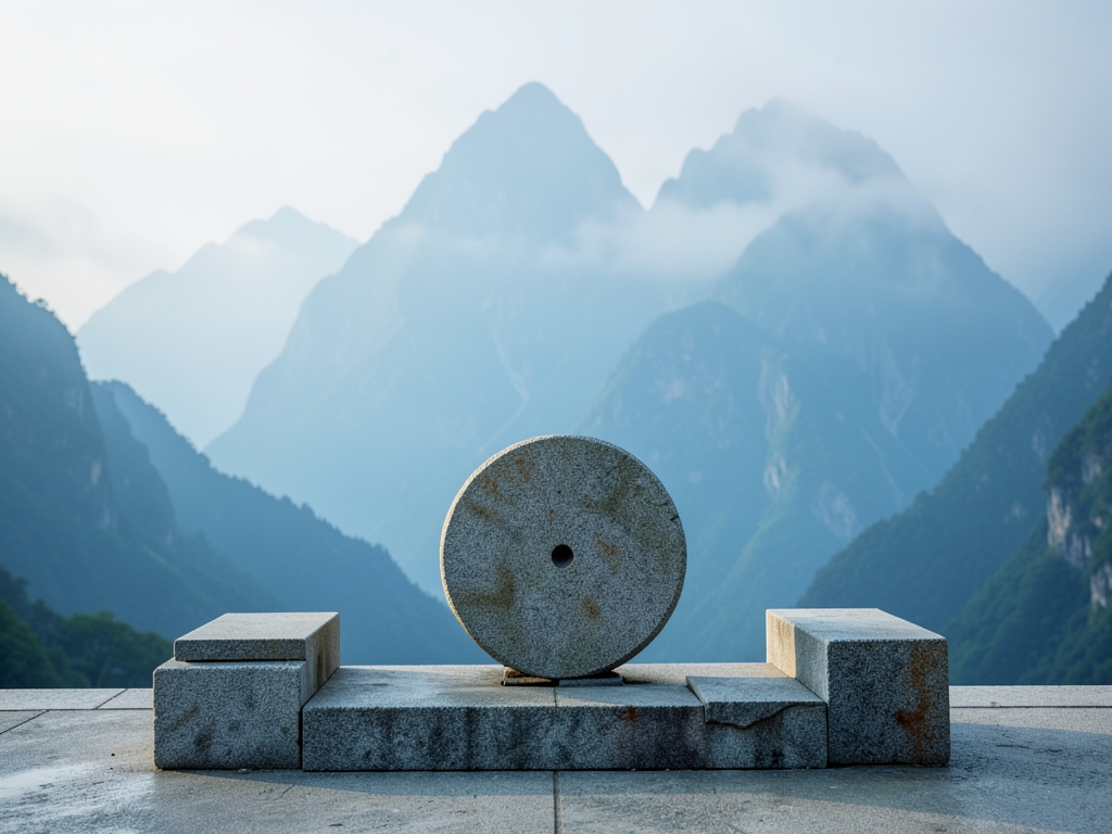Minimalist stone weighing station against misty mountain backdrop