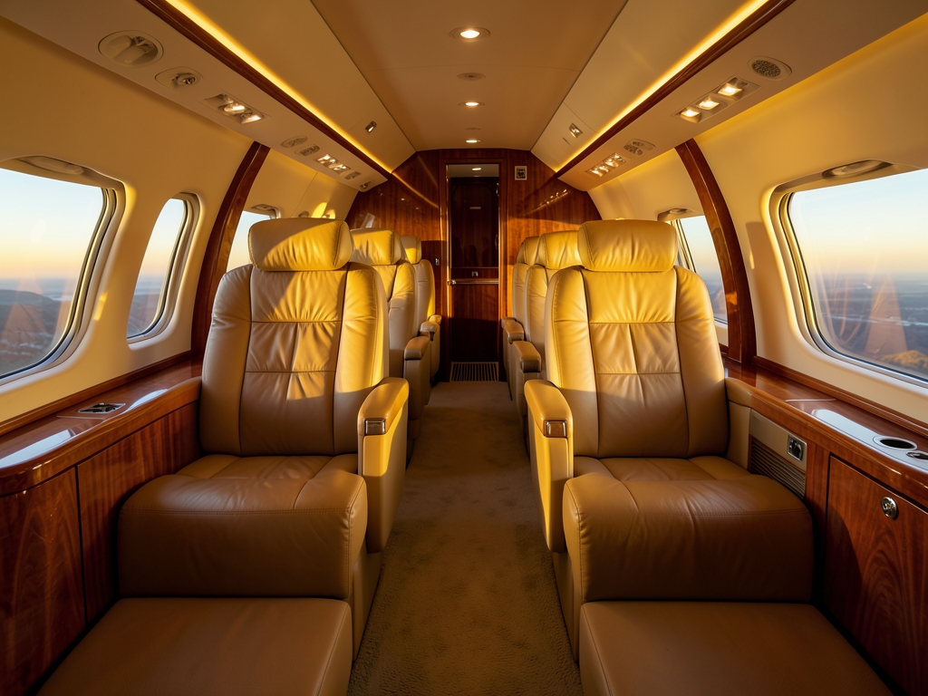 Spacious upscale aircraft cabin with wide leather seats