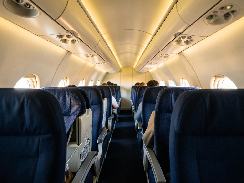 Sunlit airplane cabin aisle deep navy fabric seats