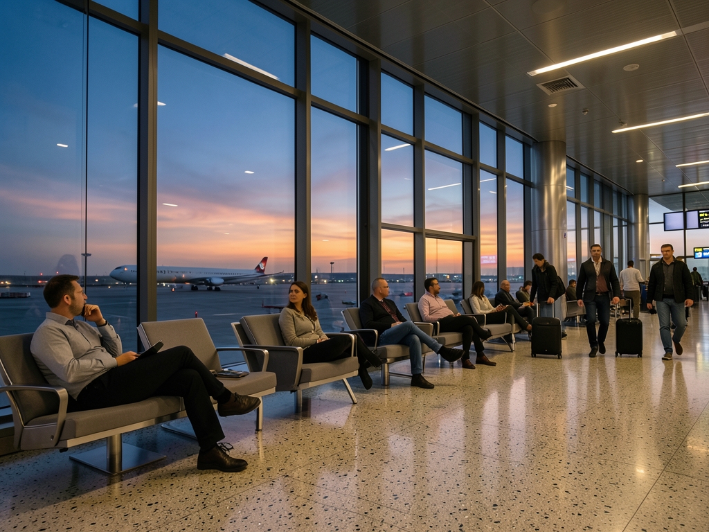 Spacious airport gate lounge dusk with floor to ceiling glass