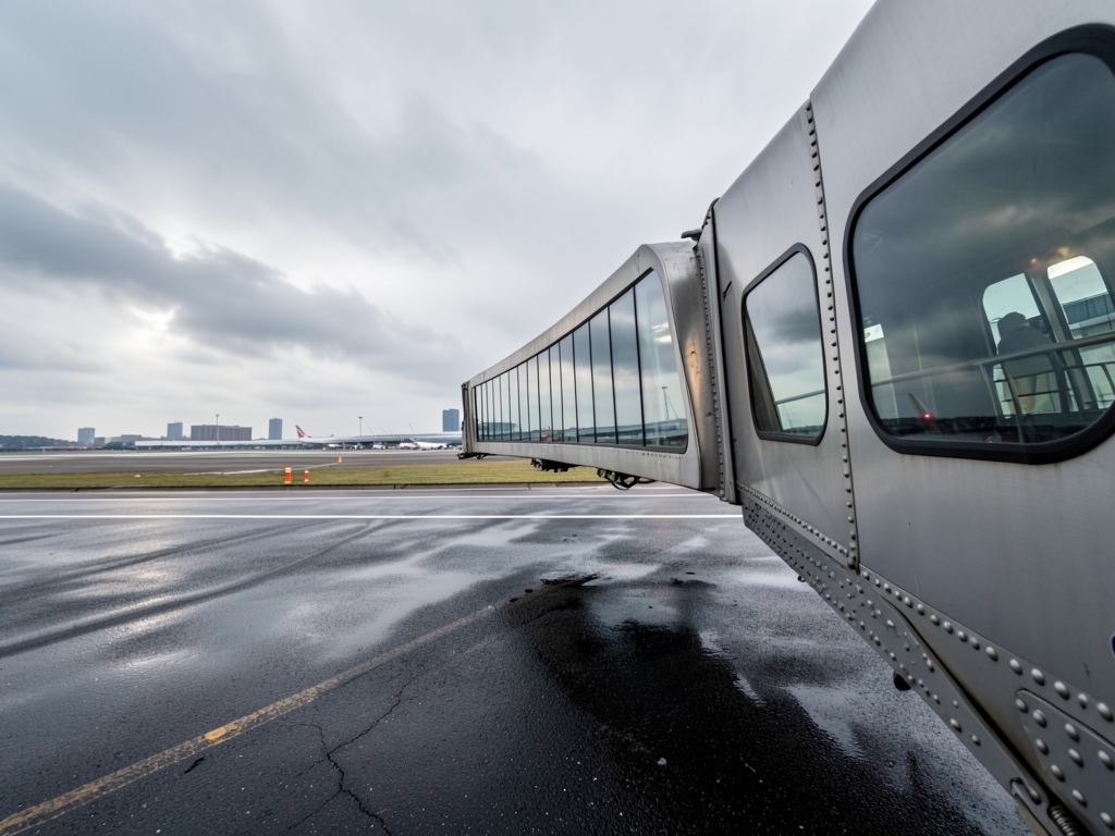empty runway boarding bridge York airport soft gray