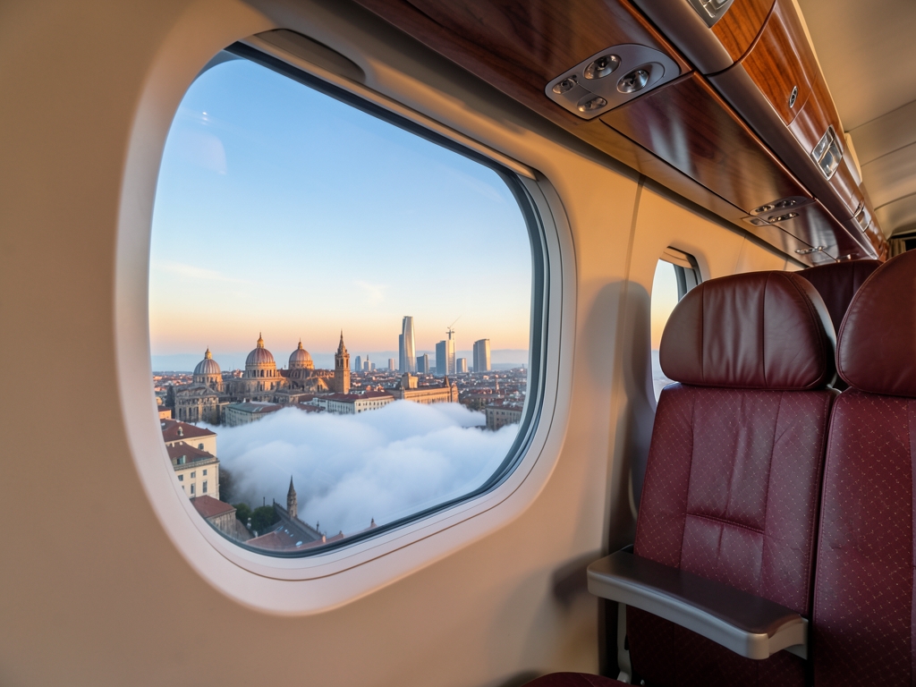 Dawn over historic city skyline seen through airplane