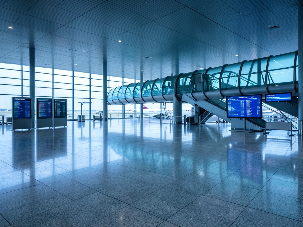 Empty modern airport terminal with polished stone floors