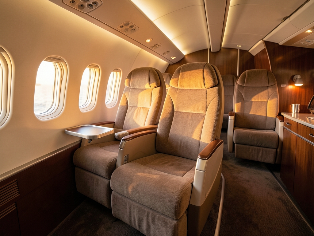 Golden hour light streaming into wide body aircraft business