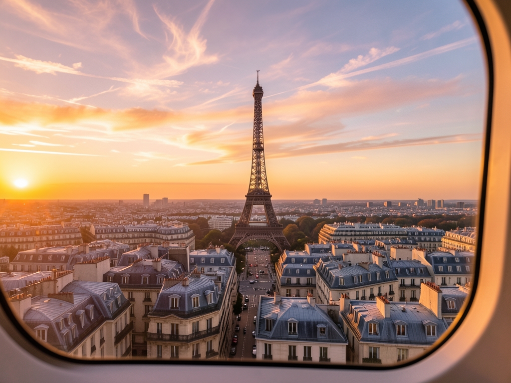 Golden hour view Paris rooftops Eiffel Tower from airplane