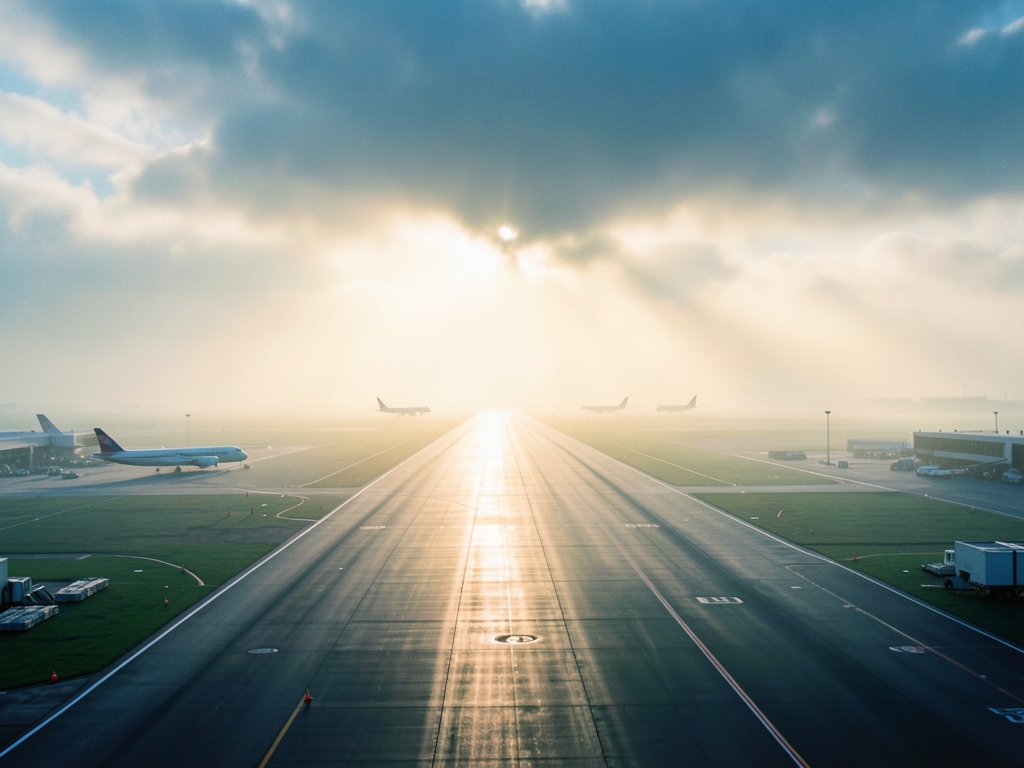 misty morning Haneda Airport runway with distant aircraft