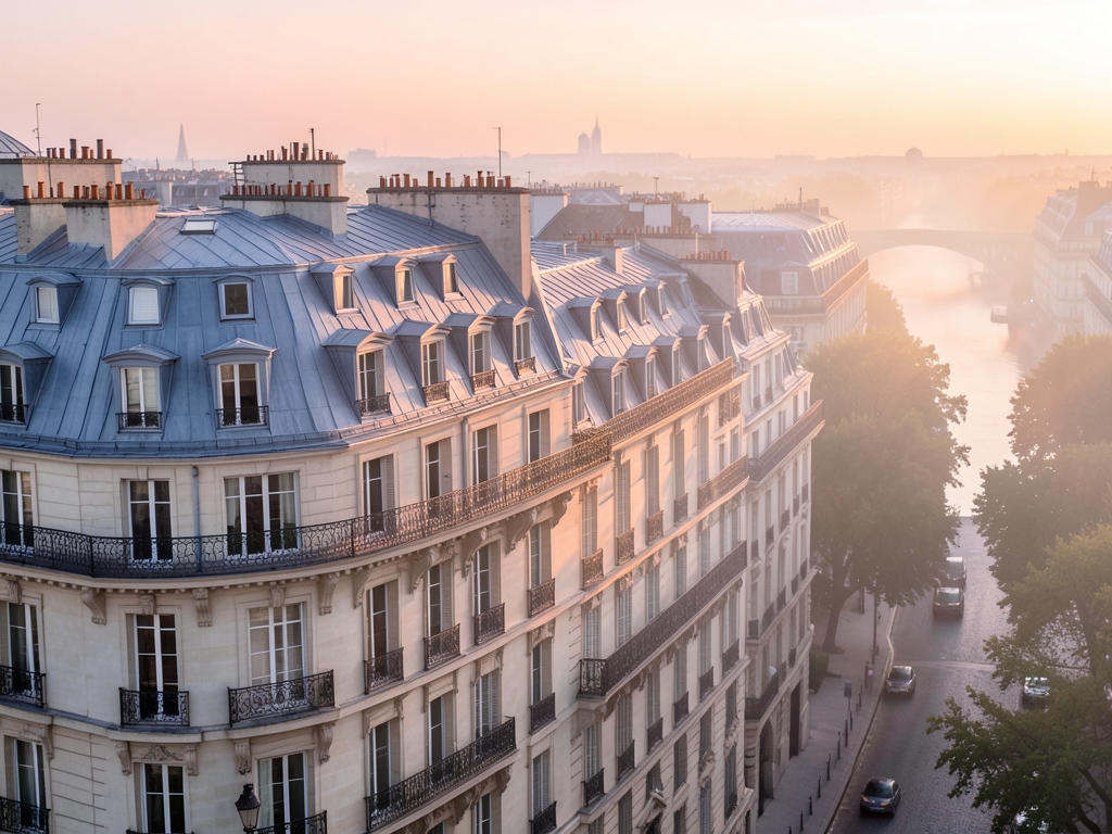 Haussmann rooftops Paris early morning pale stone facades