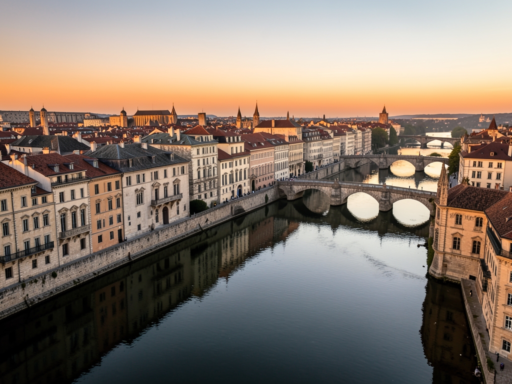 Historic European city skyline golden hour with stone