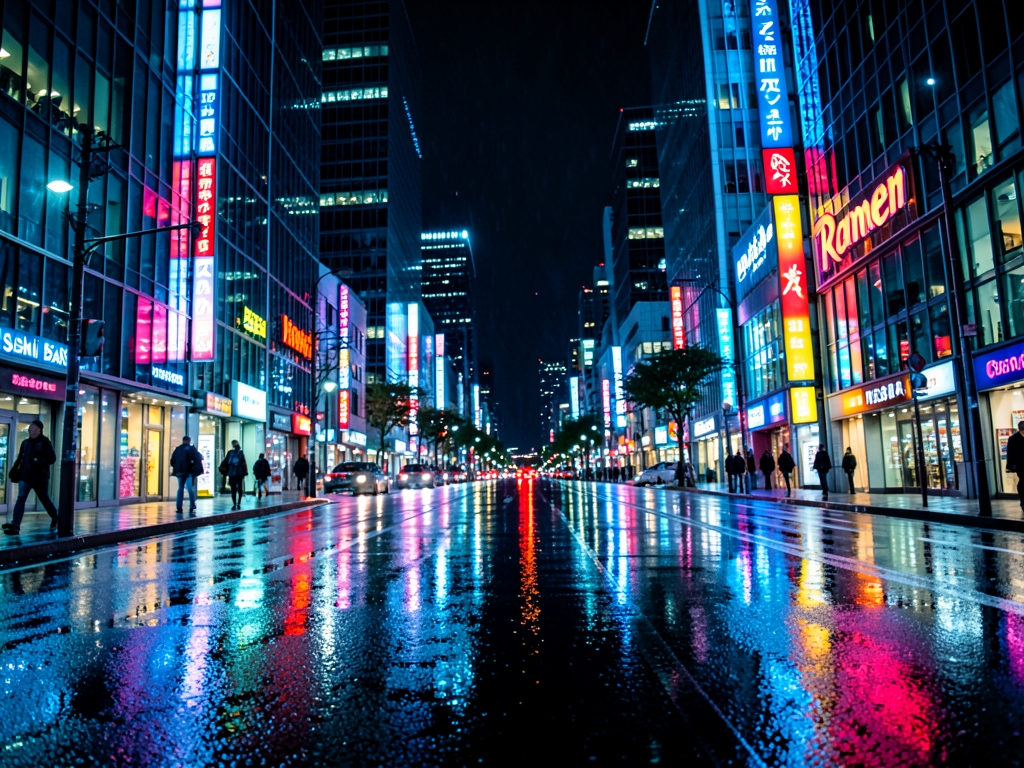 Neon lit Tokyo skyline reflected rain slicked streets with towering