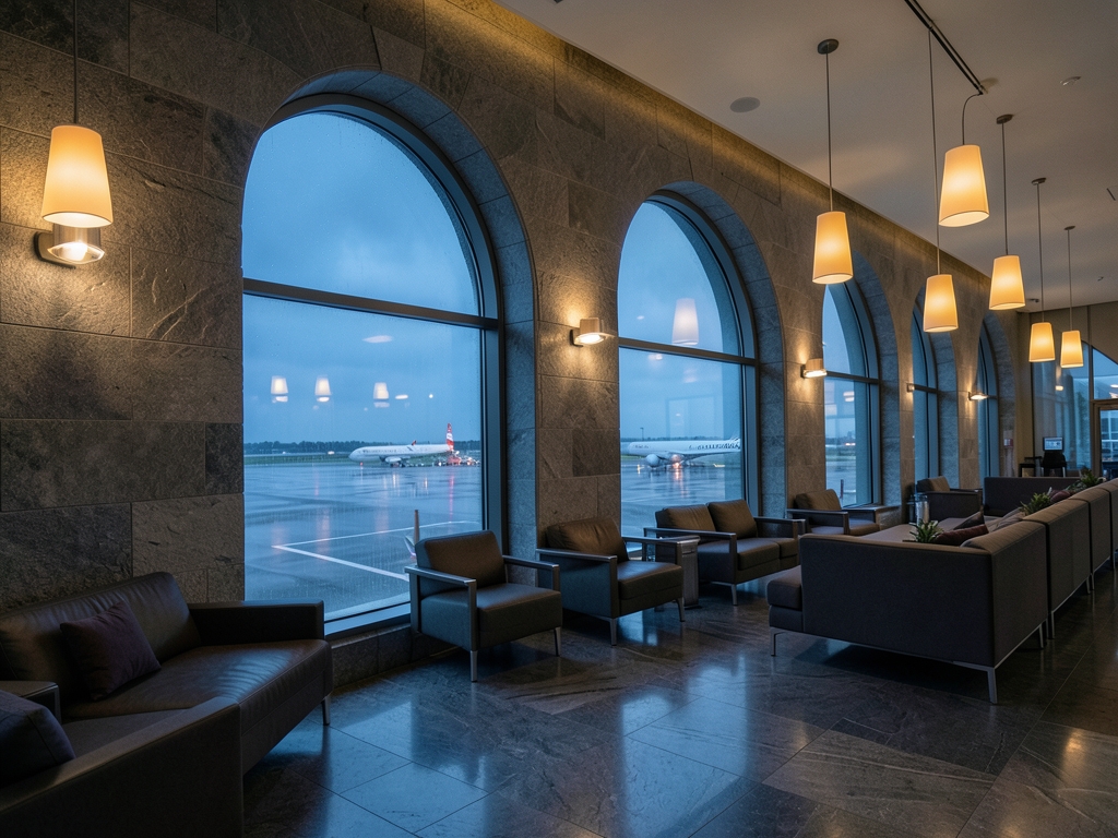 Elegant airport departure lounge with arched windows rain darkened