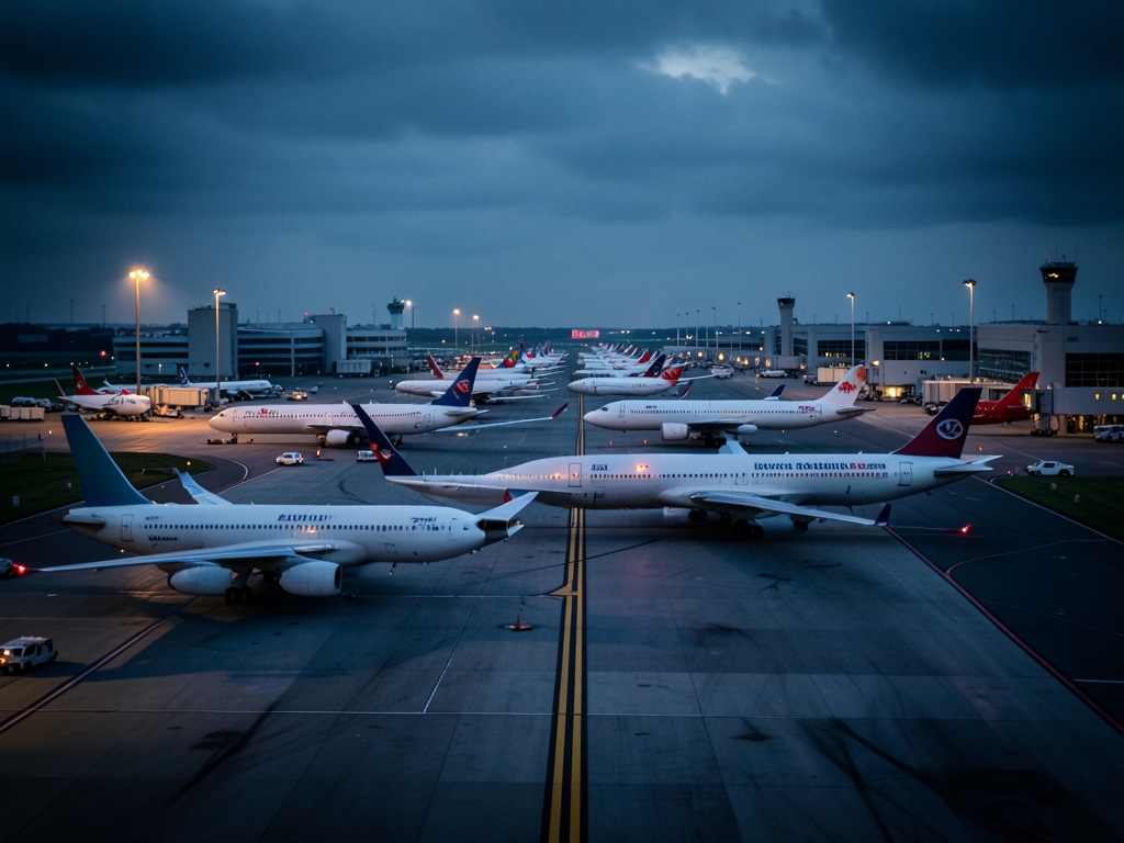 Twilight view busy runway with multiple aircraft taxiing