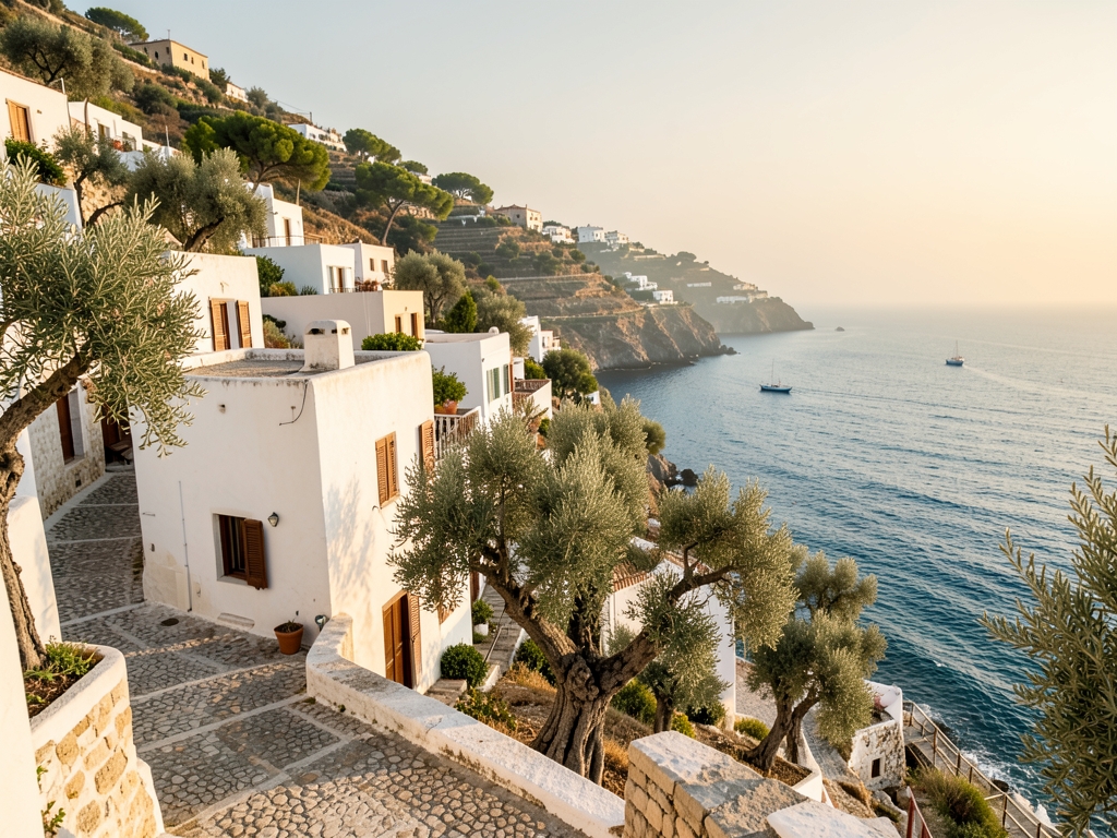 sunlit Mediterranean coastal village with whitewashed stone buildings