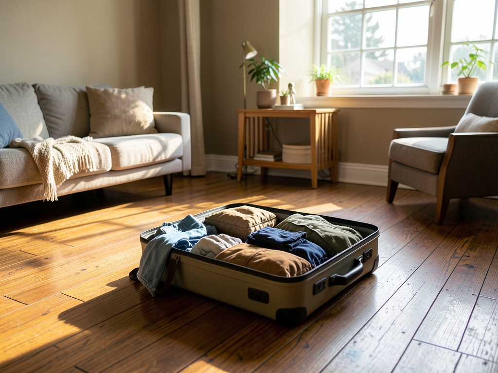 Sunlit living room with open suitcase wooden floor