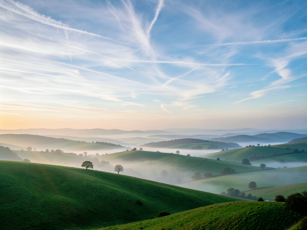 vast open above misty European countryside dawn soft