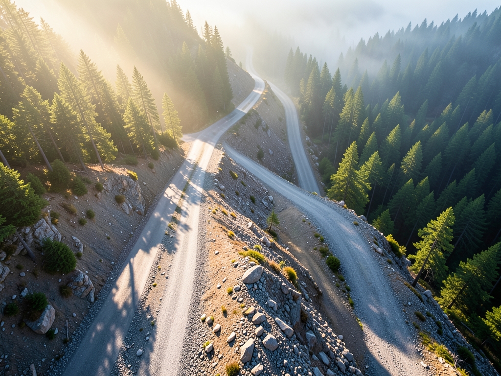 abstract aerial view mountain pass road splitting into
