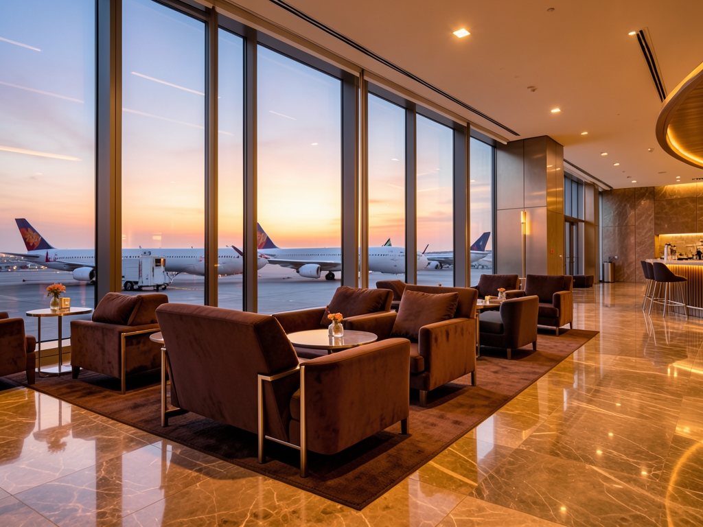 Elegant airport lounge interior with floor to ceiling glass overlooking