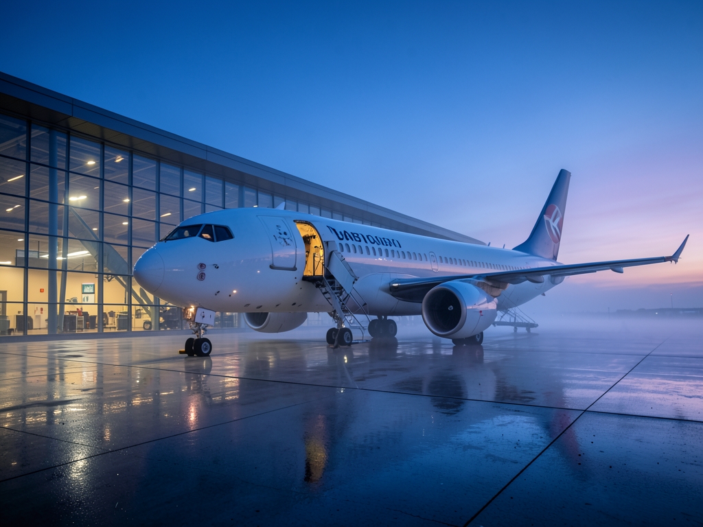 sleek widebody aircraft parked European gate dawn soft